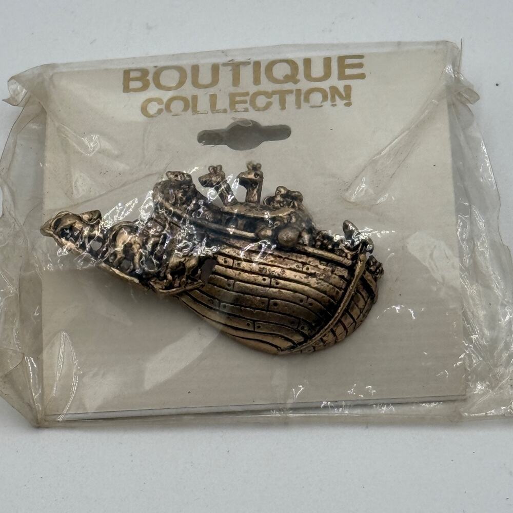 Vintage Noah’s Ark Pin Brooch Gold Tone Animals Boutique Collection New In Bag
